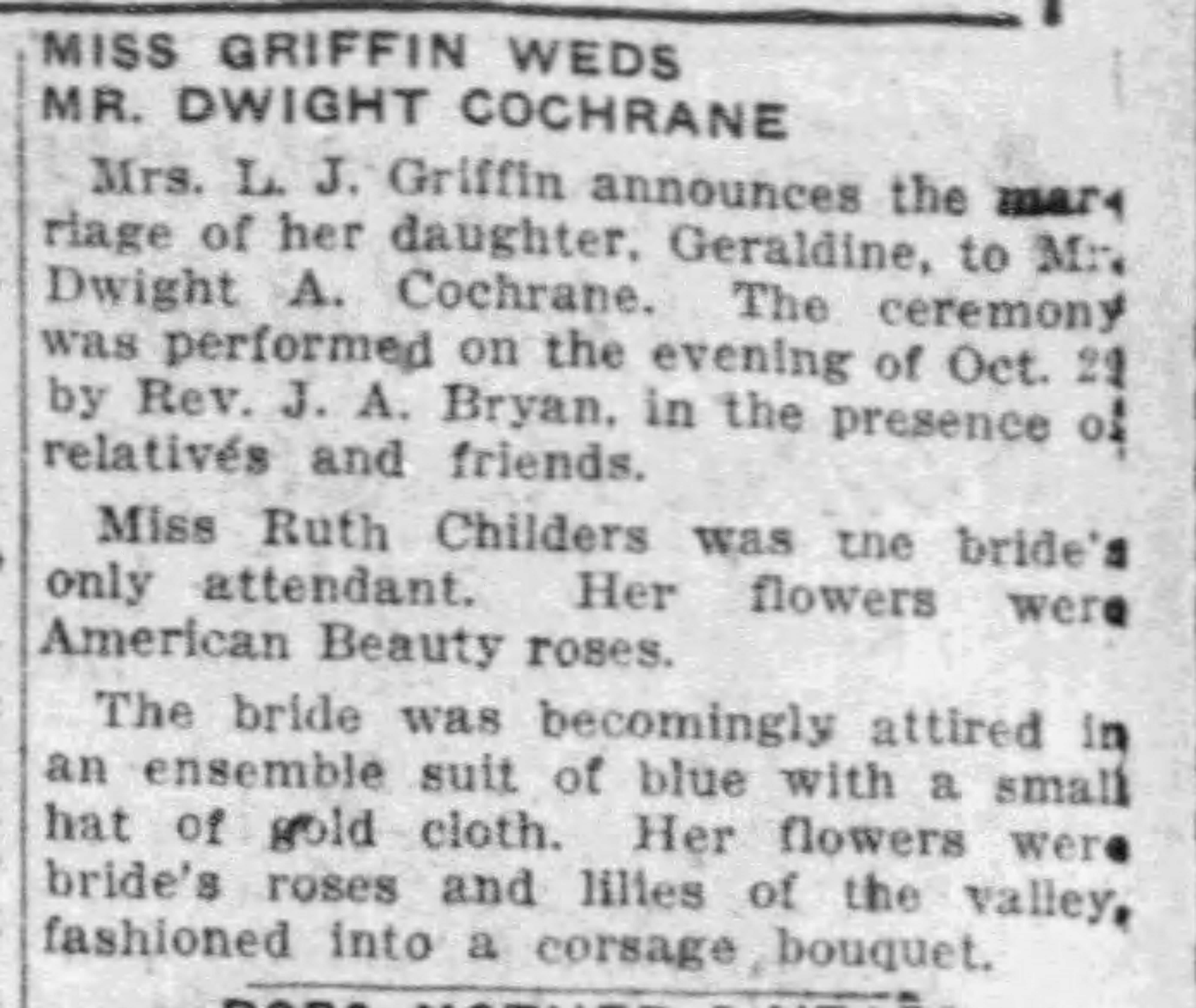 Miss Griffin Weds Mr. Dwight Cochrane